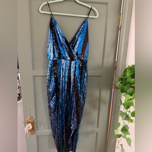 Wayf Black and Blue Sequin Wrap Maxi Dress